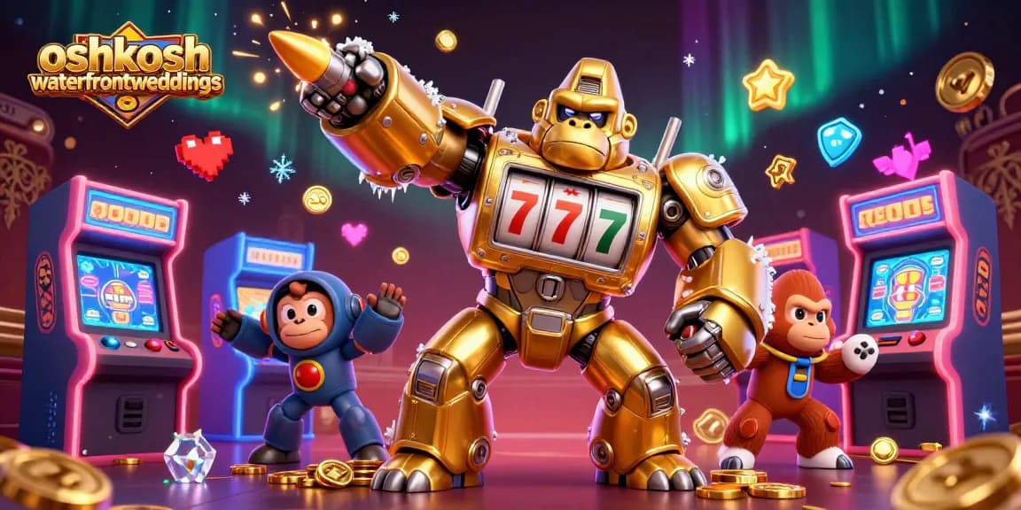 oshkoshwaterfrontweddings showcases vibrant gaming action with golden gorilla mech amidst casino treasures.