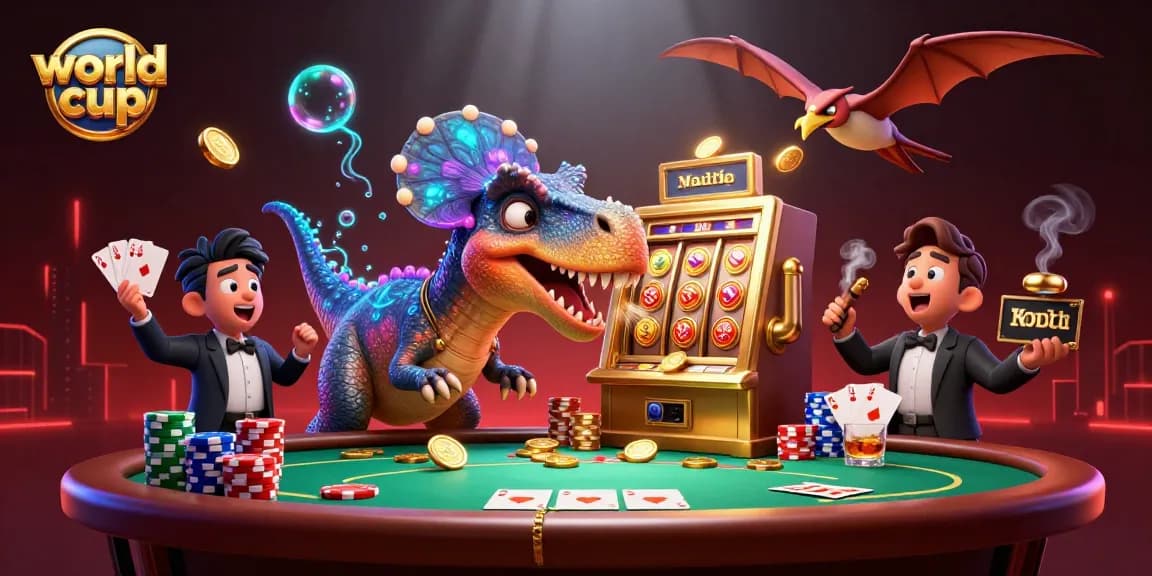 Experience the excitement of the world cup as animated characters interact with casino elements, capturing thrilling moments.