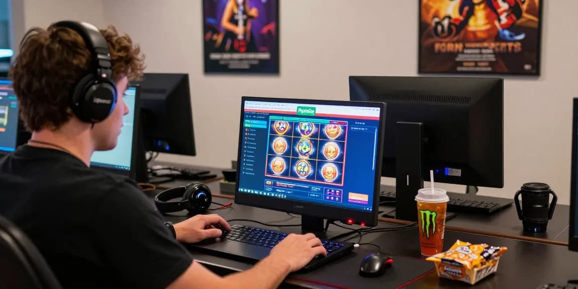 Vibrante Glücksspielumgebung eines Paysafe Card Casinos mit einem Spieler, der online engagiert ist, und dabei Aufregung und immersive Atmosphäre zeigt.