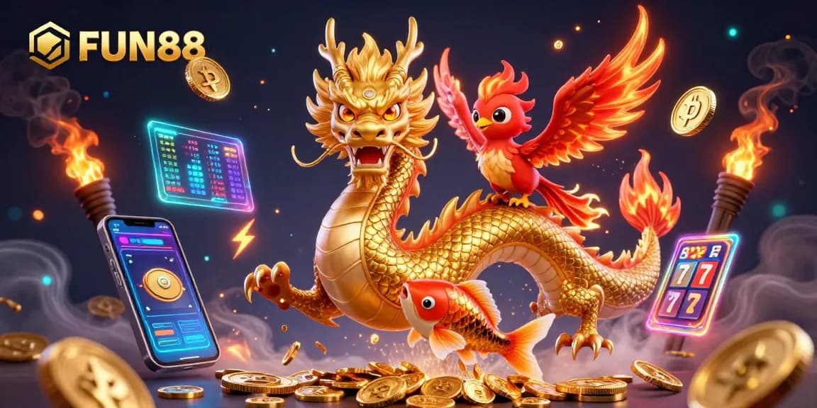 Experience excitement with FUN88's online gaming scene featuring a golden dragon, phoenix, and koi fish.