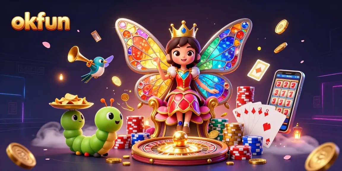Experience the thrill of okfun with a vibrant casino scene featuring a butterfly queen and colorful game elements.