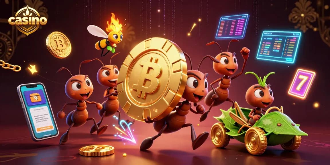 Team of ants carrying a giant poker chip in a vibrant casino-themed illustration.
