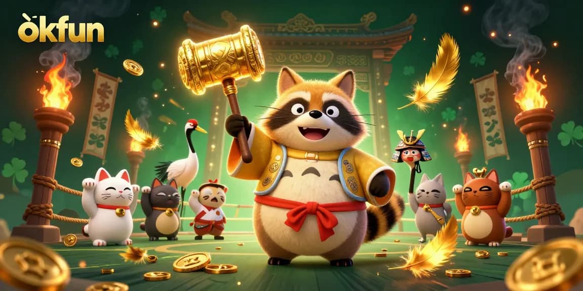 Experience thrilling gaming action at okfun with a vibrant illustration showcasing a cheerful tanuki and lucky symbols.
