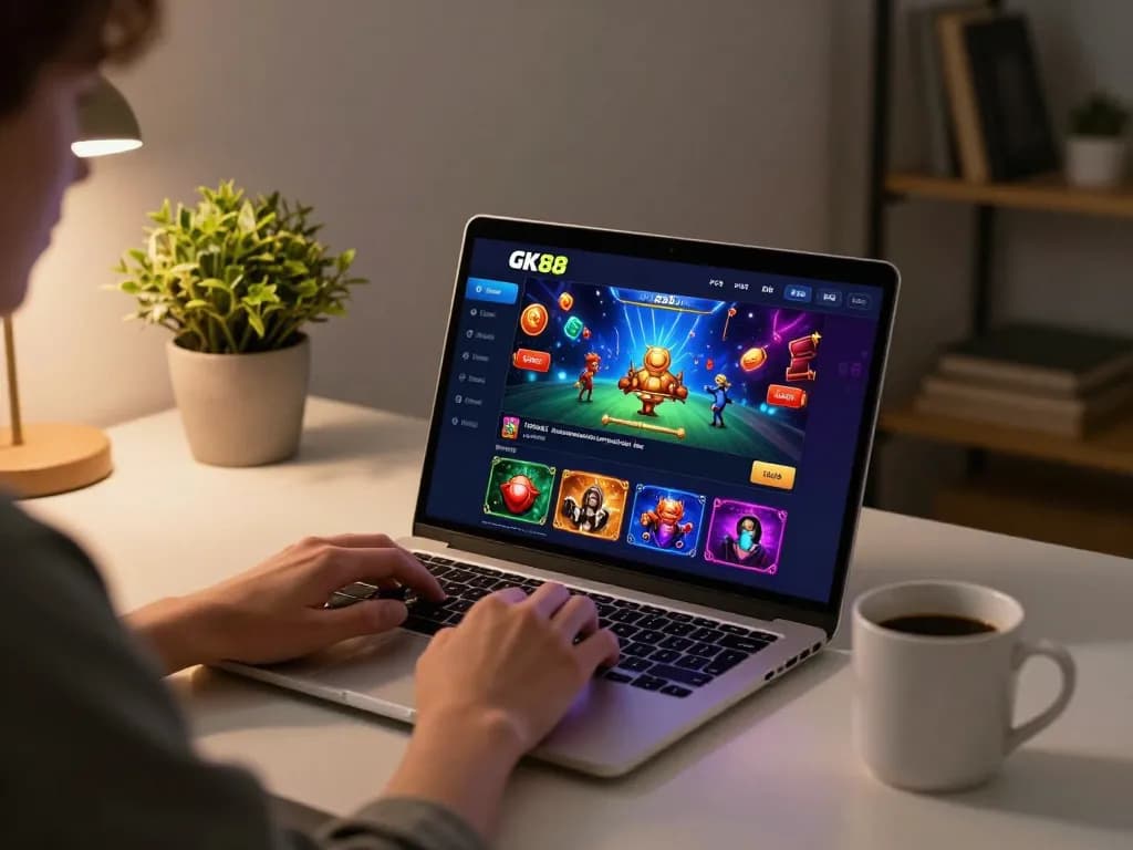 Engaging with gk88 online casino on a stylish laptop setup at home for strategic gameplay.