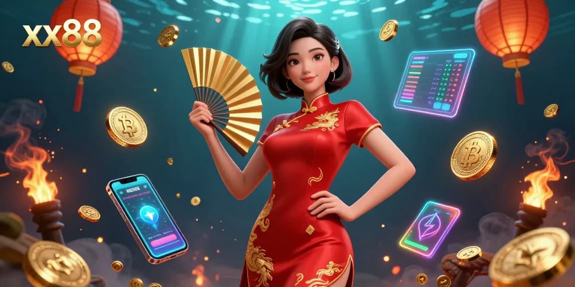 Place bets and cash in your winnings with xx88's vibrant gaming atmosphere featuring golden elements.