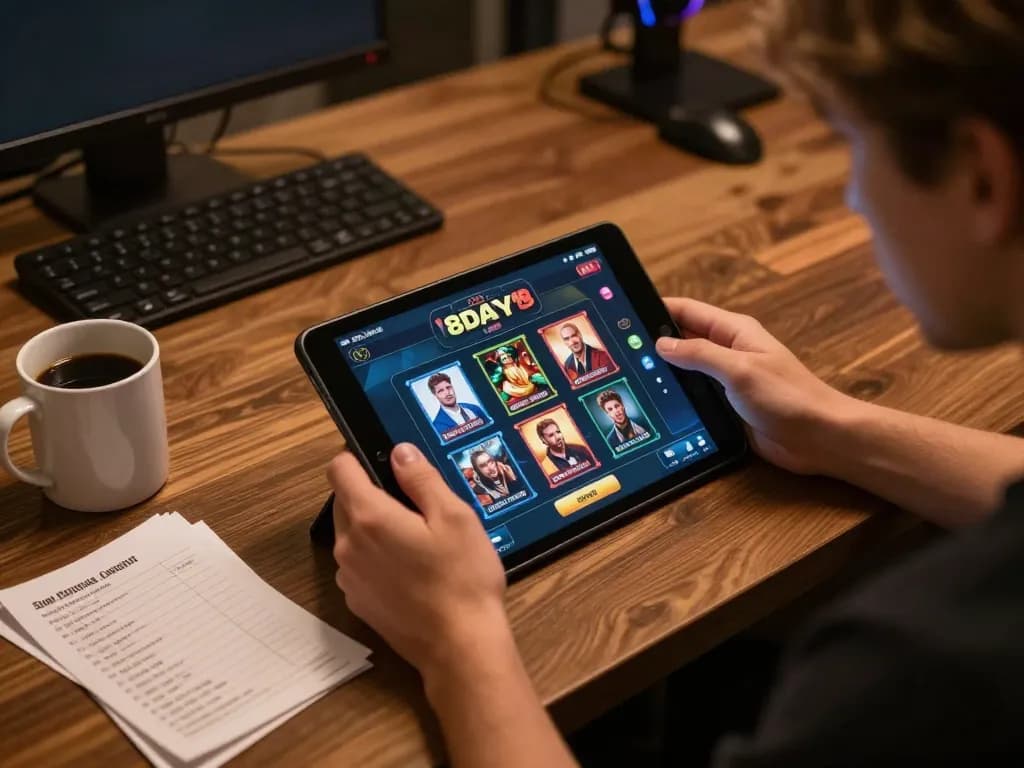 Person engaging with the 8day casino app on a tablet while analyzing betting notes.