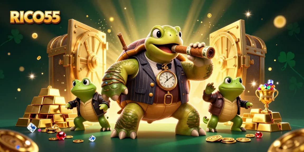 Experience the thrill of winning at RICO55 with a dynamic casino scene featuring vibrant characters and treasures.