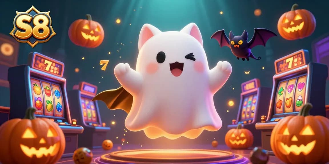 Engage with S8's thrilling casino atmosphere showcasing a ghost cat and vampire bat amidst vivid slot elements.