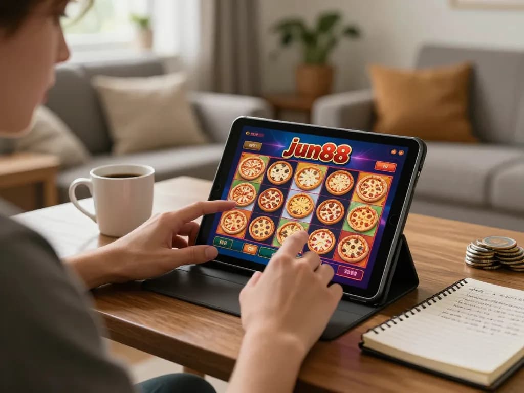 Engaging jun88 pizza themed online casino slots gameplay on tablet in warm home setting
