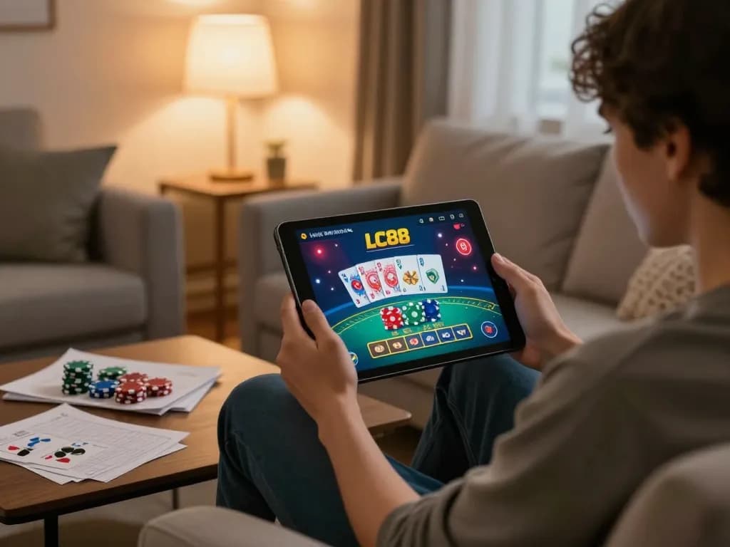 Player engaging with the LC88 online casino app while seated comfortably at home.