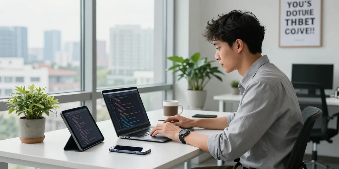 Dynamic workspace showing a young professional working on the WPS Official Website, coding seamlessly across devices in a bright office setting.