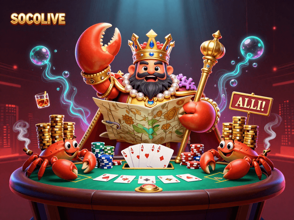SOCOLIVE engages players with a vibrant scene featuring a golden crab emperor and poker elements, symbolizing thrilling gaming.