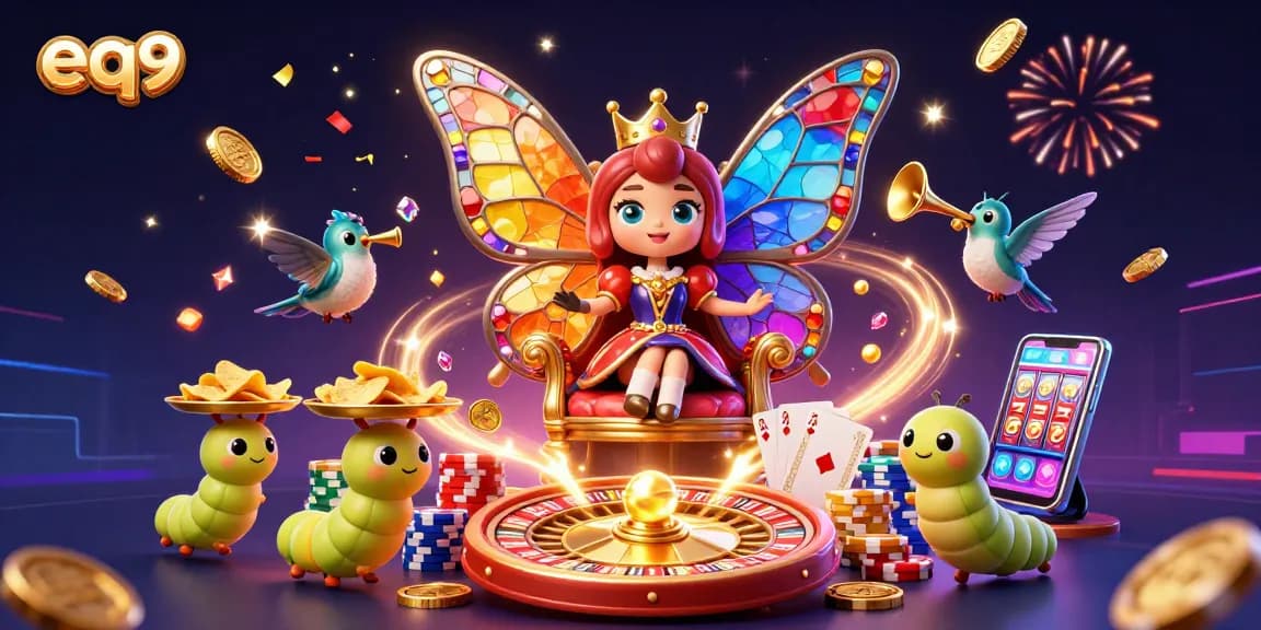 Engage with eq9 casino games and bonuses featuring a butterfly queen and vibrant casino elements.