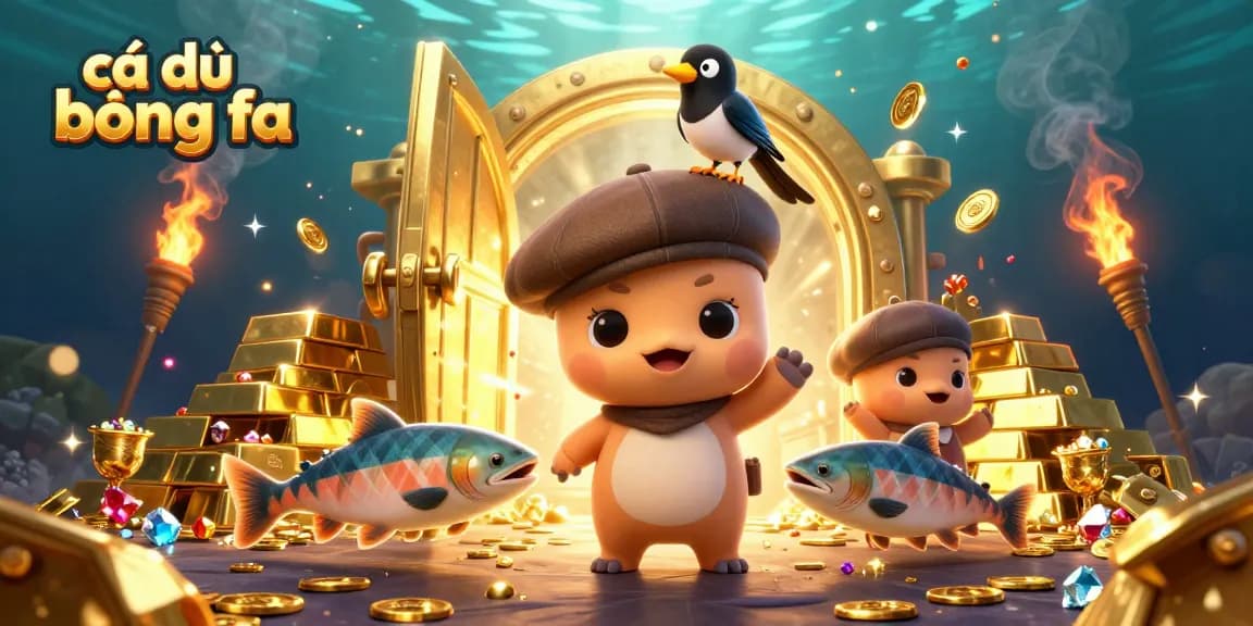 Engage in cá độ bóng đá with a lively scene of cartoon characters amid a treasure trove of gold and gems.