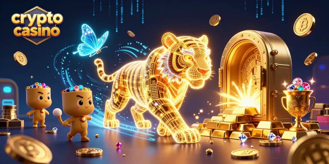 Jouez au crypto casino avec des pièces, un tigre lumineux et des trésors en or étincelants.