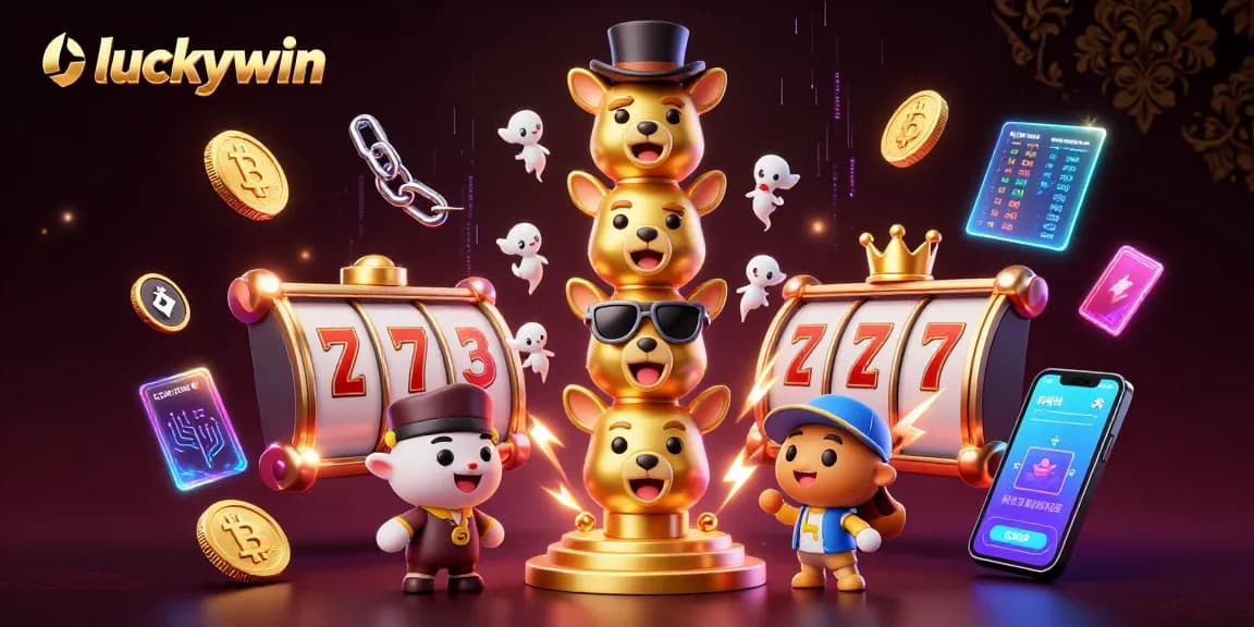 Engage in thrilling play at Luckywin with vibrant slot reels and crypto-themed elements in an energetic casino scene