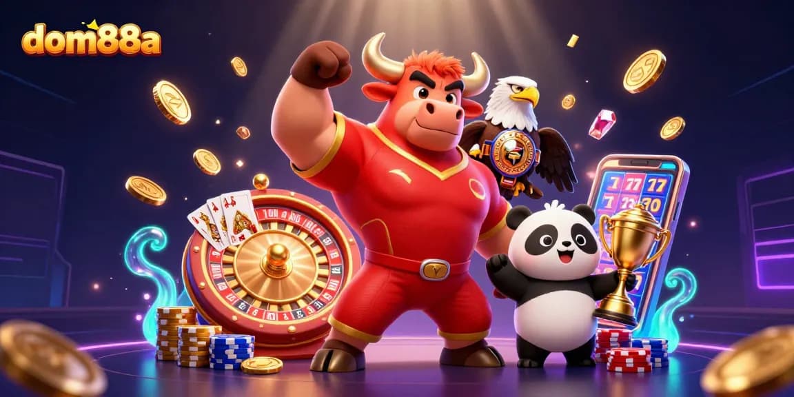 Join the celebration of rewards at dom88a with a bull mascot and eagle in a lively casino scene.