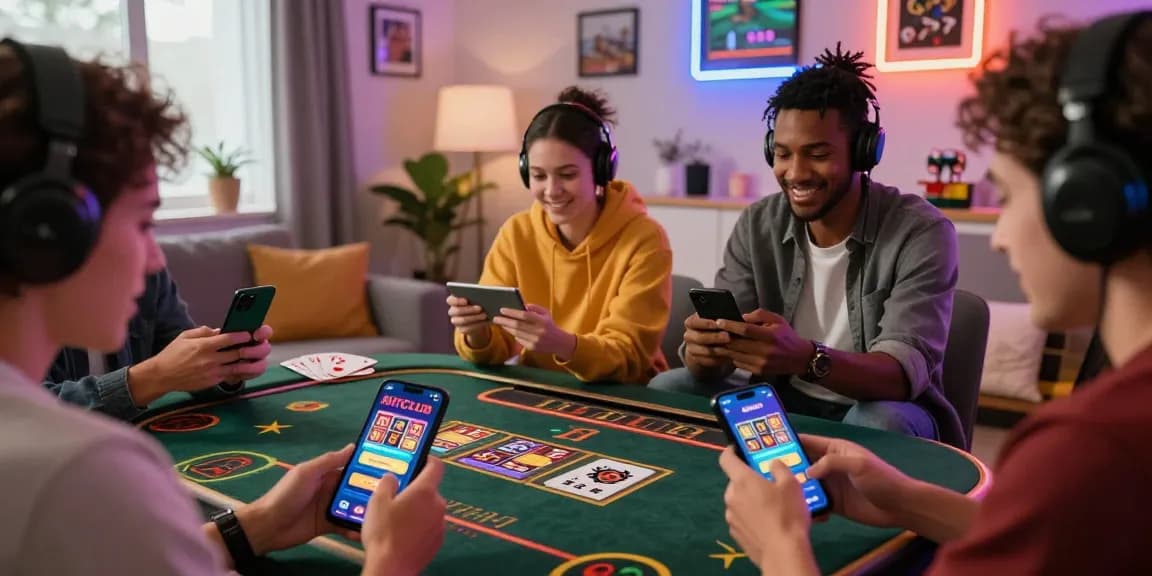 TẢI HITCLUB - Engaging gaming scene with players enjoying various casino games on mobile devices in a vibrant living room.