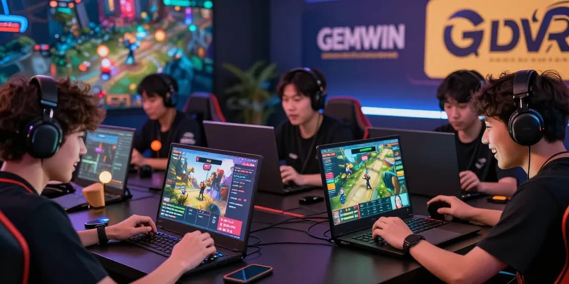 Engaging online gaming environment at https://gemwin.pics/ showcasing players enjoying games on various devices with a festive atmosphere.
