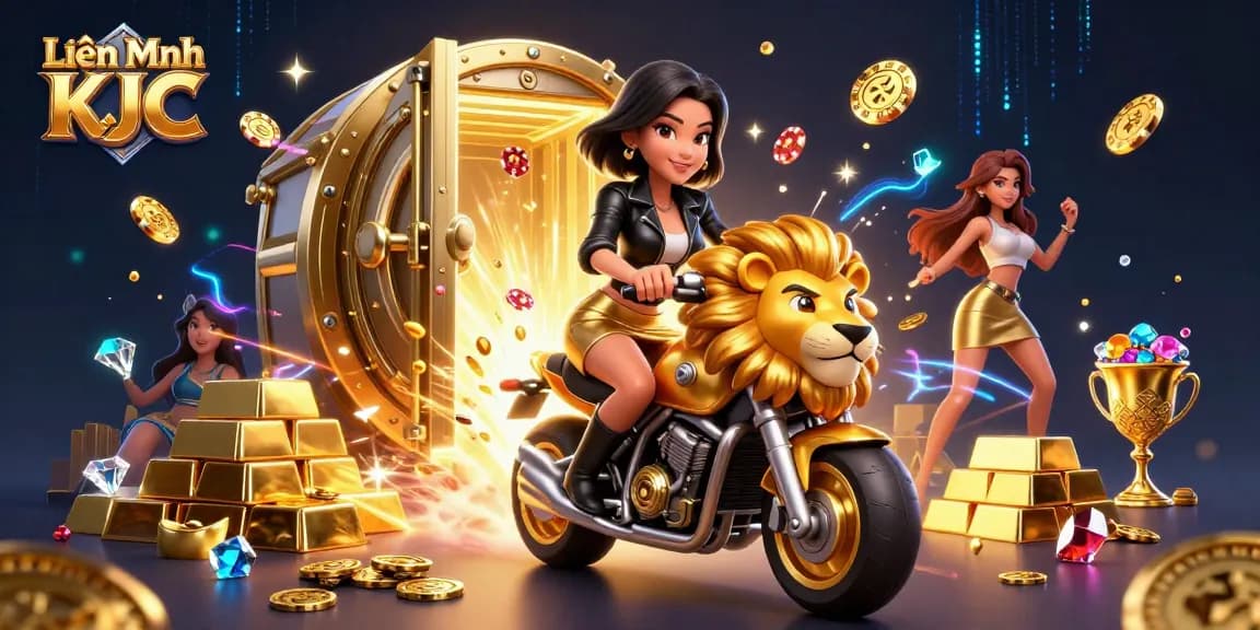 Experience thrilling action with Liên Minh KJC featuring a glamorous woman riding a golden lion mascot.