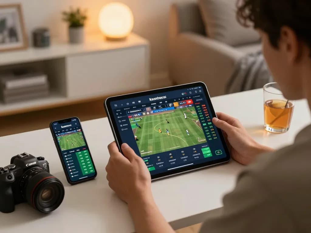 Engaging sports betting scene featuring keonhacai odds displayed on a tablet in a cozy home office.
