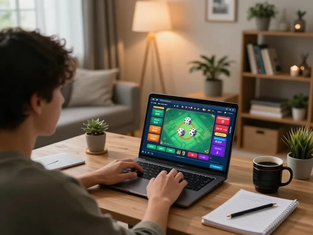Engaged in a strategic gameplay moment with tài xỉu online uy tín displayed on laptop screen, cozy home environment.