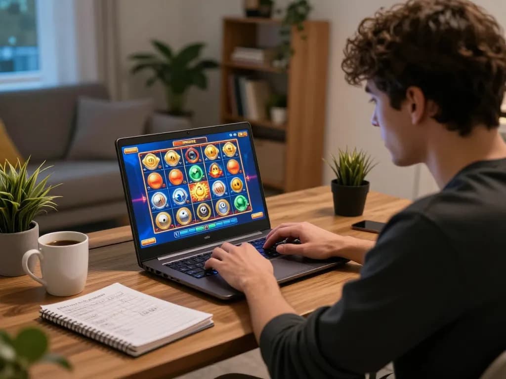 Engaged player enjoying garuda slot games on their laptop in a cozy home setting