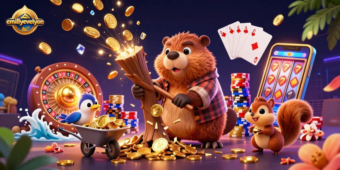 Collect coins with emillyevelyn's beaver character in a vibrant casino scene brimming with action.