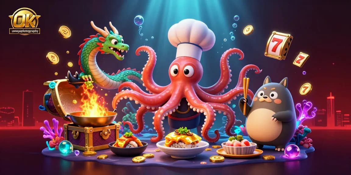 Engaging umoyaphotography illustration showing a dynamic casino scene with an octopus chef and vibrant gaming elements.