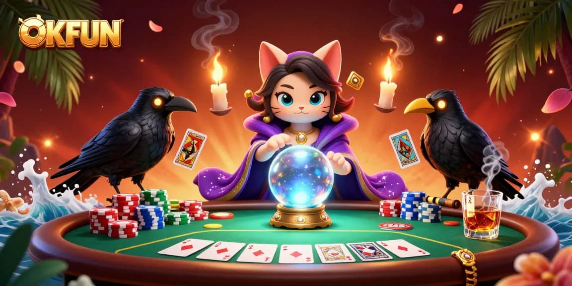 Join the excitement with OKFUN's vibrant casino scene featuring poker elements and mystical characters.