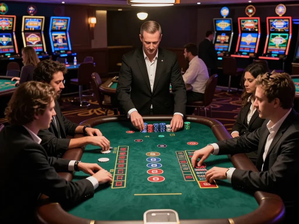 Sunwingo players engaging in strategic blackjack gameplay amidst a lively casino atmosphere.