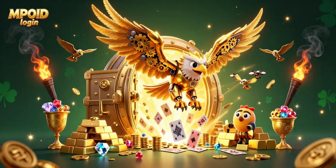 Experience seamless gaming with MPOID login, featuring a cybernetic eagle amongst dazzling casino treasures.