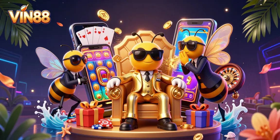 VIN88 showcases a lively casino scene with characters and exciting slot game elements.