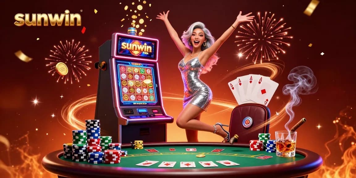 Experience the excitement of sunwin with a striking casino scene featuring a joyous winner, colorful poker chips, and golden coins.