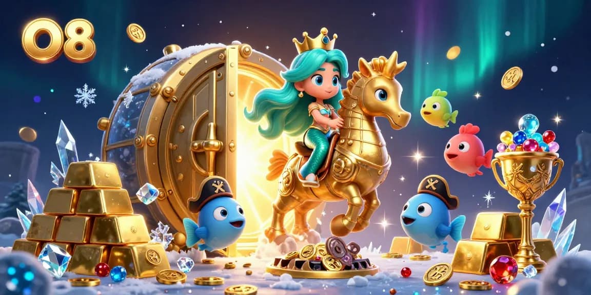 Experience the vibrant O8 casino scene with a mermaid princess, seahorse, and treasure elements for thrilling play.