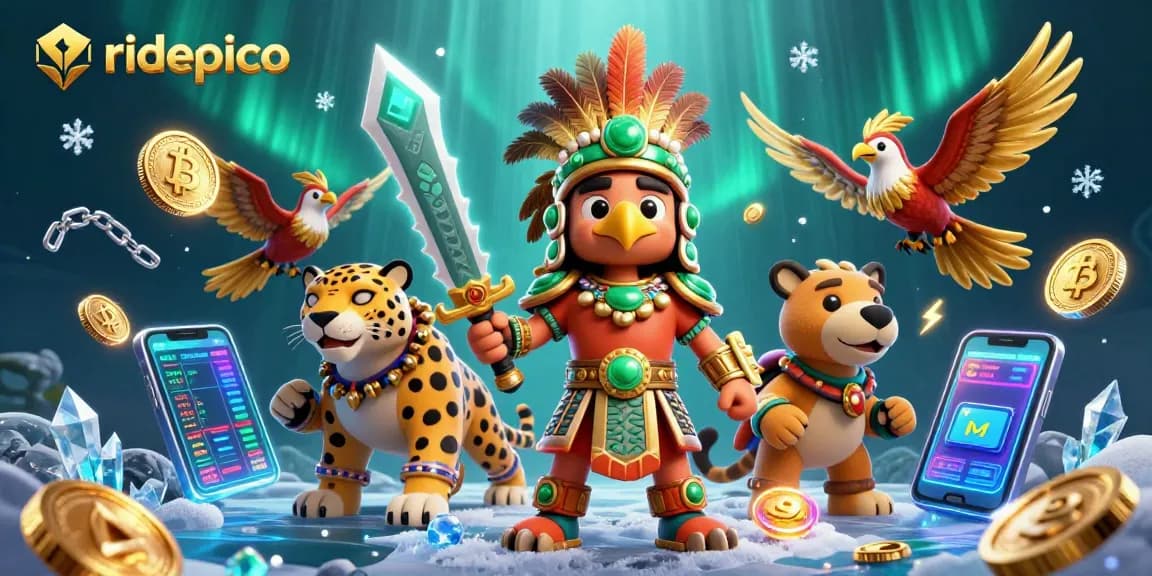 Experience the thrill of ridepico with Aztec warriors surrounded by vibrant crypto elements in an immersive gaming scene.