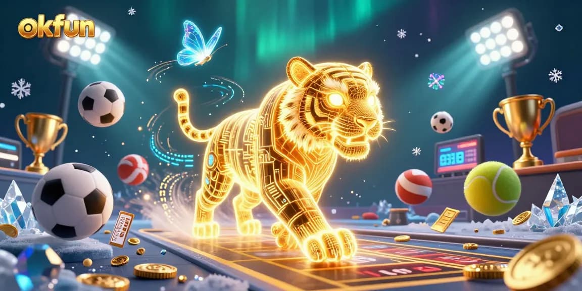 Engage with the dynamic energy of okfun, featuring a neon-wireframe tiger and vibrant game elements in a casino landscape.