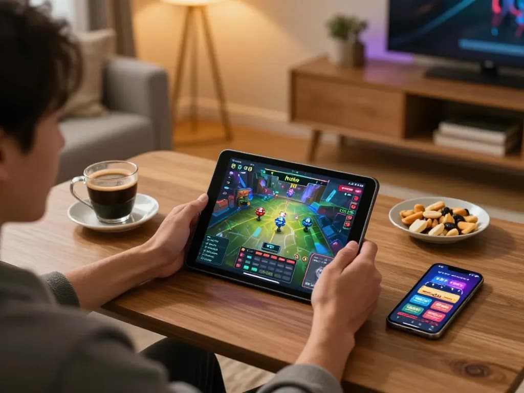 Nohu90 player enjoying tablet gameplay in a warm home setting, showcasing casual online casino experience.