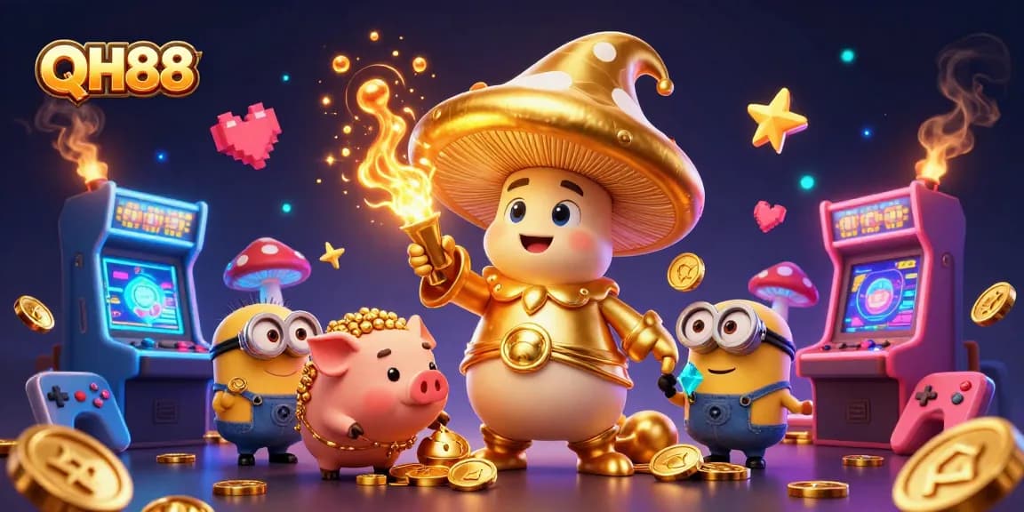 Engage in thrilling jackpot games with QH88's vibrant golden wizard and treasure hunting scenes.