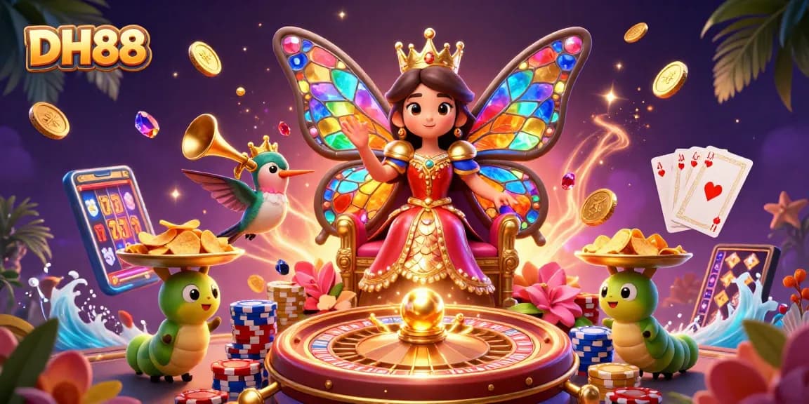 Engage with the vibrant DH88 casino world featuring a butterfly queen and dazzling game elements.