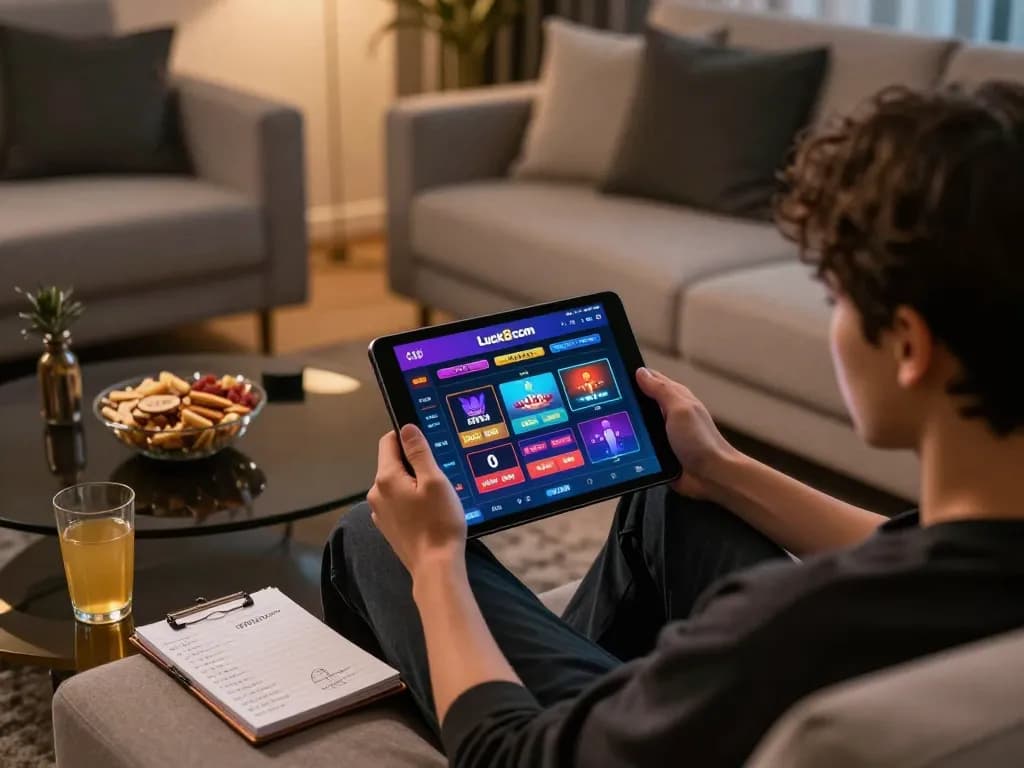 Player engaging with Luck8com on a tablet in a cozy home gaming setup, illustrating responsible online gambling.