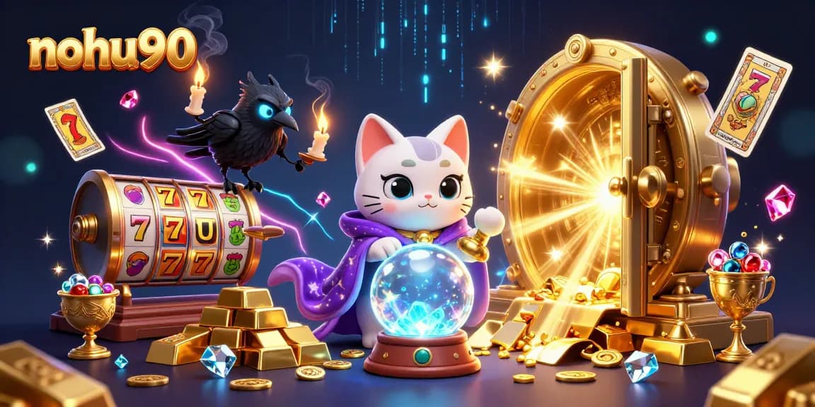 Nohu90 spins the slots with vibrant energy, showcasing a mystical cat and glowing raven amidst treasures.