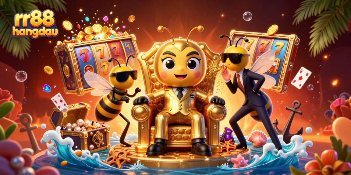 rr88hangdau showcases a vibrant casino scene with a magical bumblebee mob boss surrounded by treasures and lively gameplay elements.