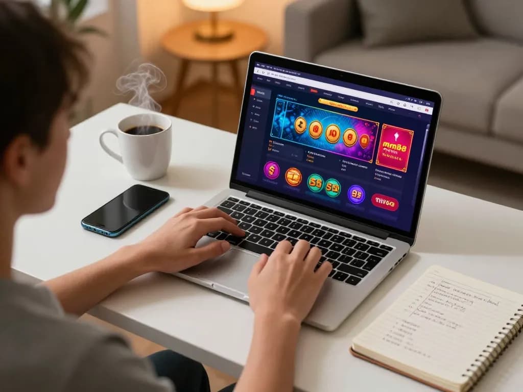 Engaging online gaming scene with mm88 featuring a player on a laptop and smartphone in a cozy setting.