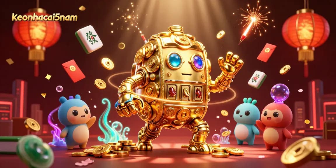 Engage with keonhacai5nam as a golden golem thrives among dynamic casino elements in this vibrant illustration.