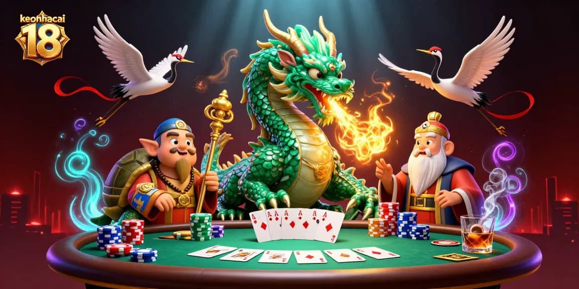 Engage with keonhacai 18 through 3D dragon and turtles in vibrant casino scene.