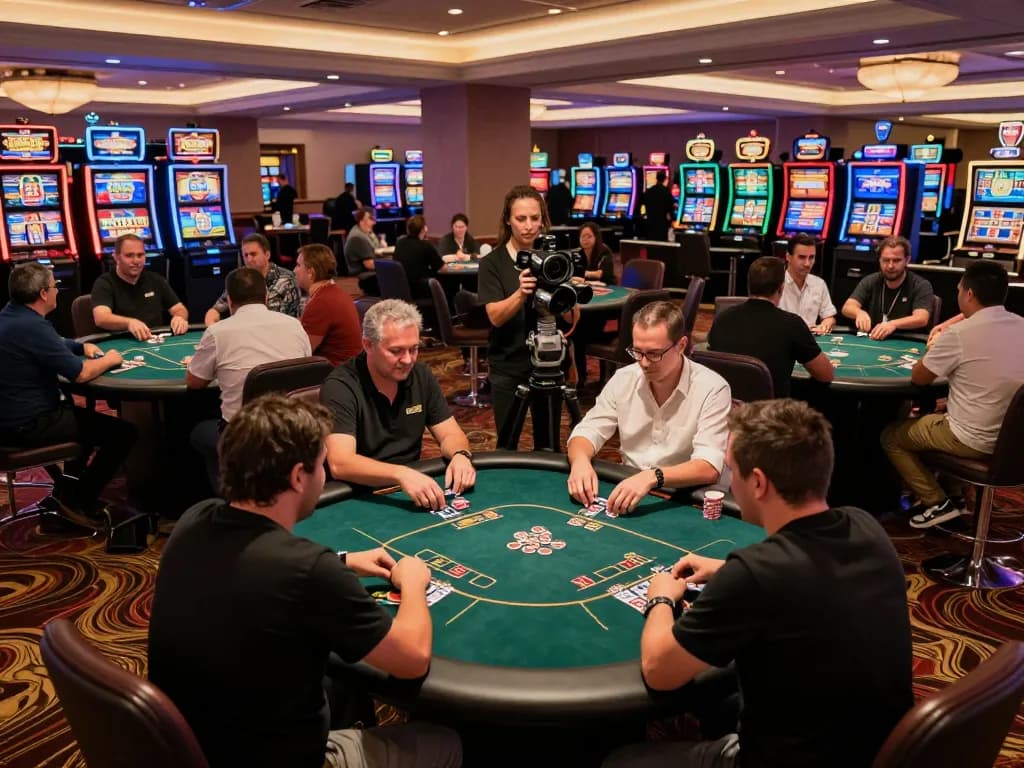 Players enjoying poker at KJC's upscale casino, engaging with dealers amidst vibrant lighting.