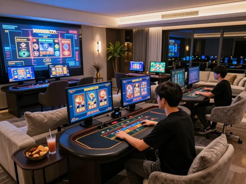 Player enjoying exciting online gaming on xoso66com, showcasing vibrant slot games and cozy setup.