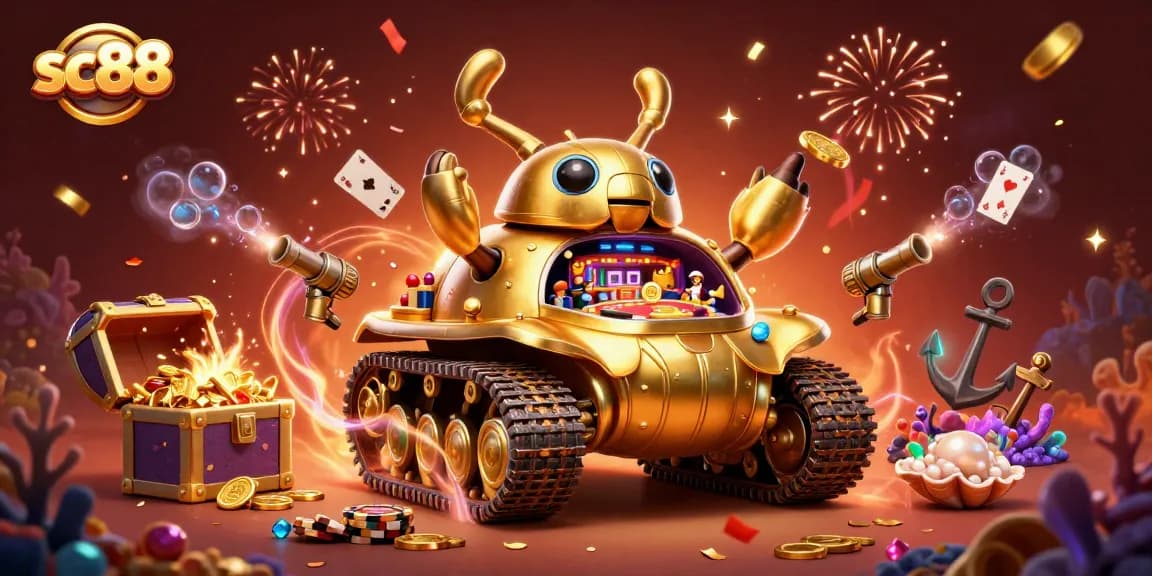 Experience the excitement of sc88 with a vibrant 3D casino illustration featuring a golden beetle tank.
