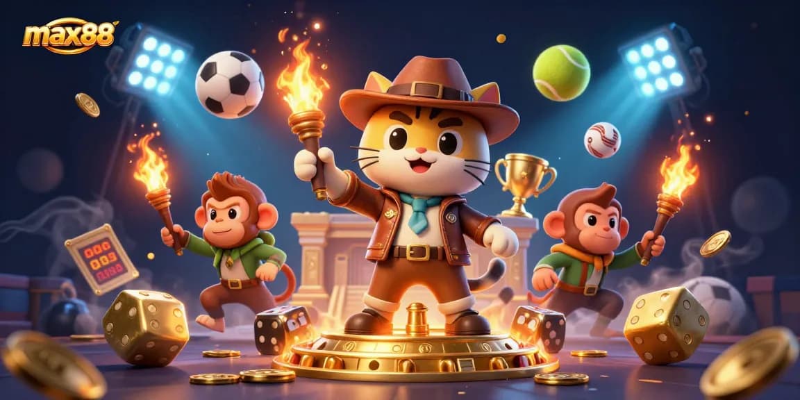 Experience thrilling max88 betting action with a 3D cartoon archaeologist cat and monkey in a vibrant casino